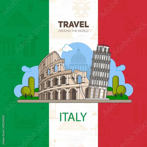Italian landmarks, historic architecture, on the background of the flag with seamless backgrounds. The theme of travel in Europe