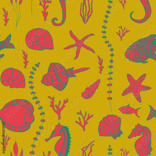 Seamless pattern with hand drawn fishes