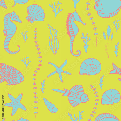 Seamless pattern with hand drawn fishes