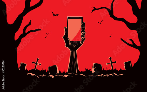 Zombie hand holding smartphone blank screen up from the grave in the cemetery at night. This illustration is Halloween theme