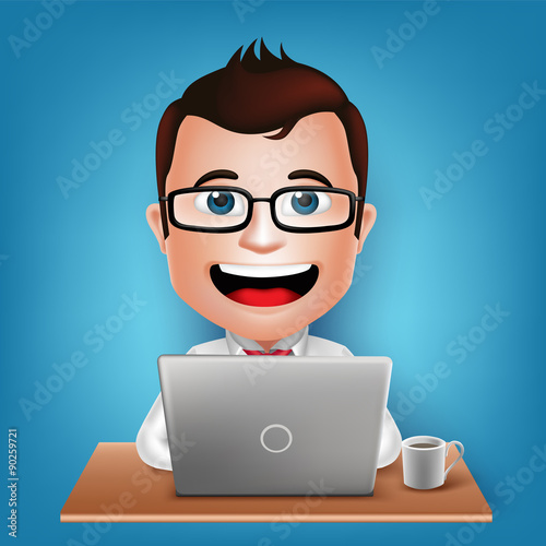 3D Realistic Busy Businessman Cartoon Character Sitting Working in Laptop
