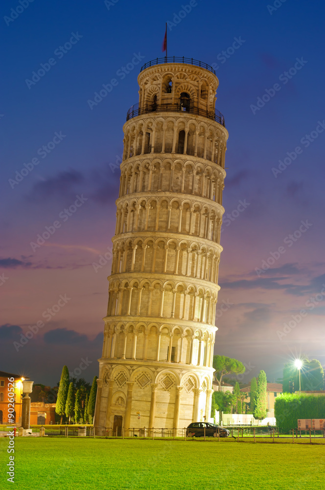 Leaning tower in Pisa at night, Italy.