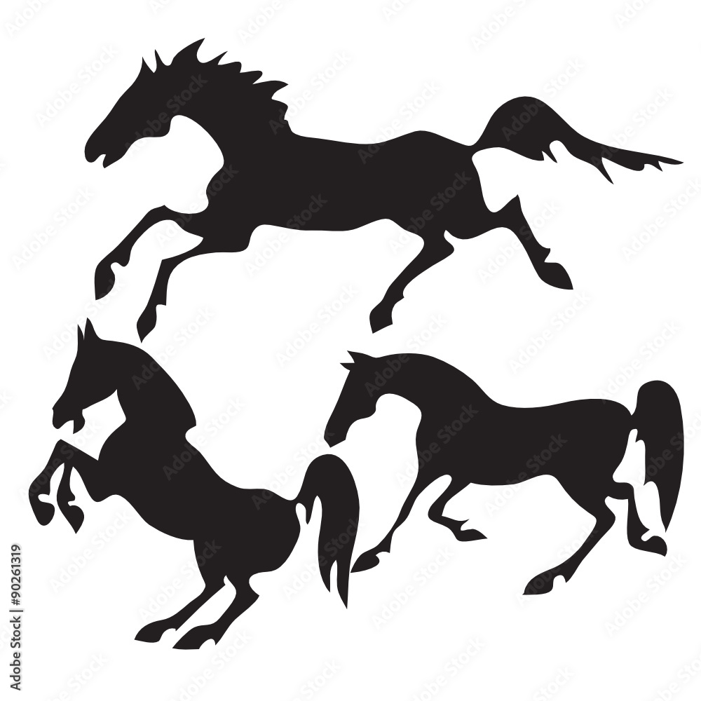 Hand drawn sketch set of horses silhouettes on white background.
