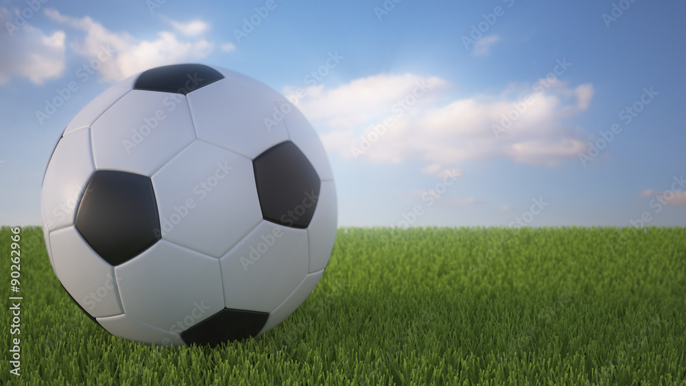 3 D render of soccer ball on a field.