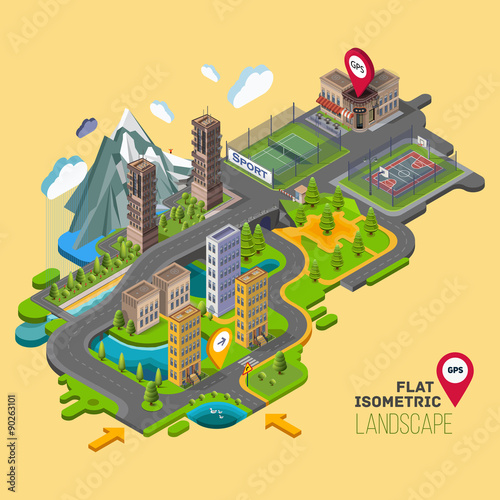 Flat vector landscape with a parks,buildings,seating area, sports grounds, picture of the nature and landscape of mountains and lakes, road junction GPS navigation infographic 3d isometric concept.