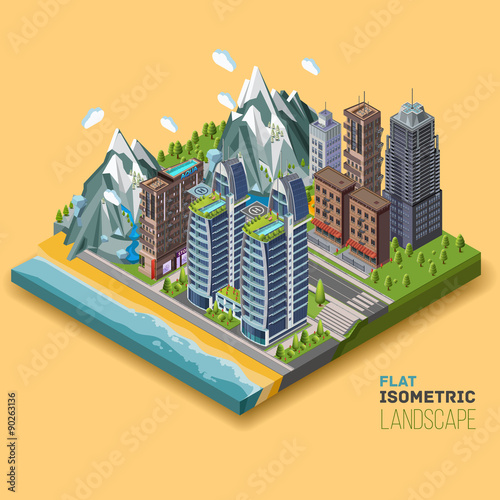 Isometric city concept, part of the land to the sea and the beach, the ocean, mountains,. 3D vector illustration with buildings.