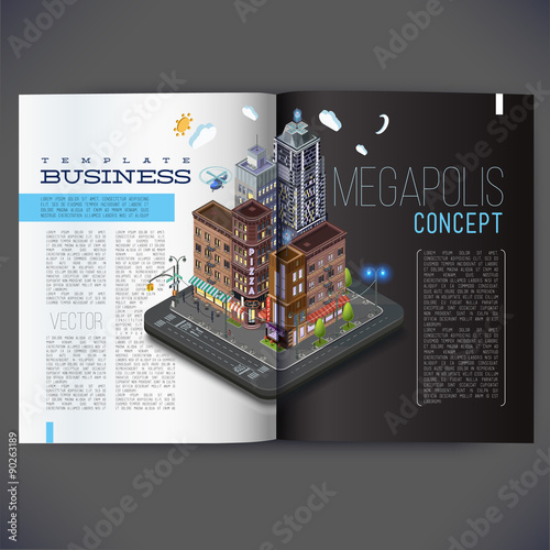Vector template design for the pages of the magazine, brochure, page, leaflet, with 3d isometric buildings concept. Street, with shops, restaurants and offices, all text separately.