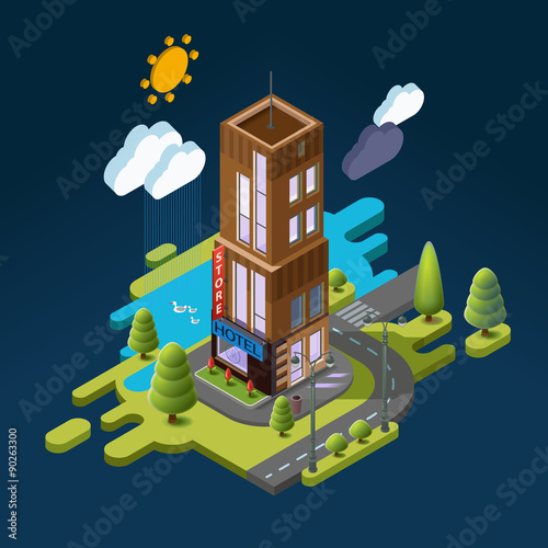 Isometric landscape with the building and the nature around the hotel, a shop with flowerbeds and flowers, the trees along the road. Flat vector 3d concept.