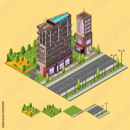 Isometric city concept. 3D vector illustration with buildings and a rooftop swimming pool, cafes, store and park around the residential buildings.
