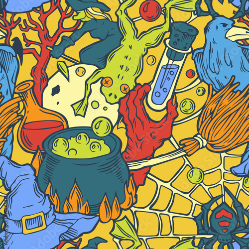 Seamless halloween pattern with witch stuff