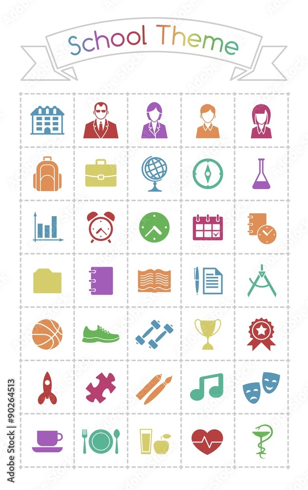 School Theme Icons. Set of 35 flat color pictograms on the subject of Junior School Education.