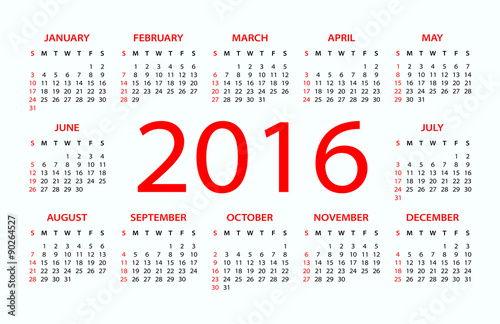 2016 Calendar - illustration. Vector template of 2016 calendar.