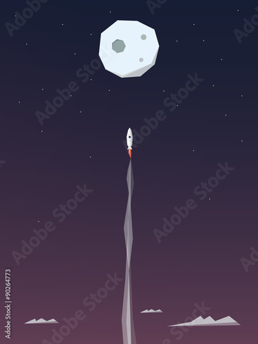 Space rocket flying to the moon. Adventure poster template
