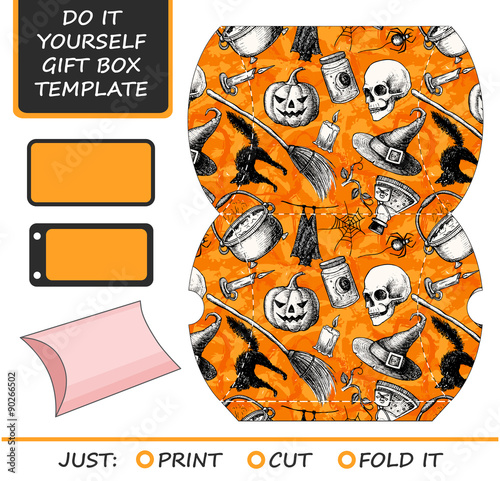 Favor, gift box die cut. Box template with Halloween pattern
