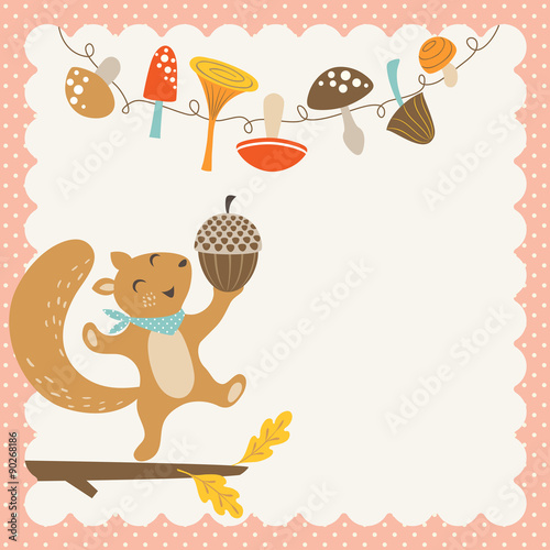 Happy squirrel with big acorn. Cute autumn or Thanksgiving card with place for your text.