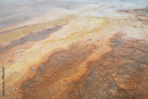Mineral rich hot springs have left yellow and rust brown stained deposits as they overflow. West Thumb Geyser Basin, Yellowstone National Park.