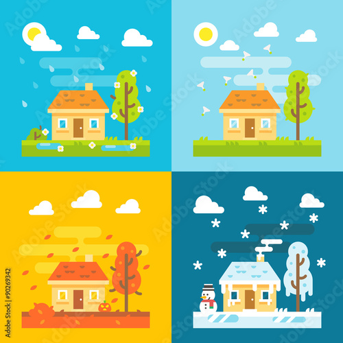4 seasons house flat design set