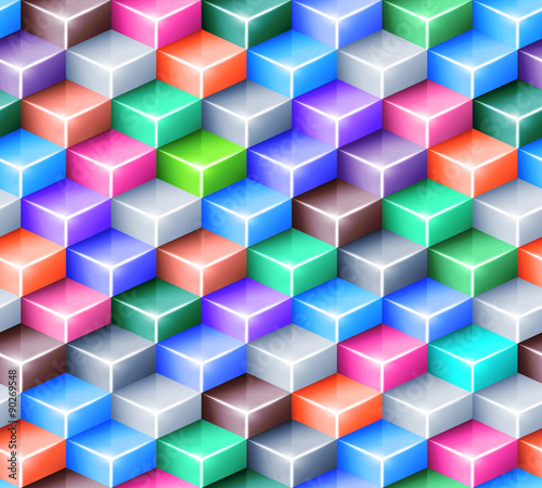 Vector geometric seamless pattern with bright colored cubes