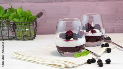 Yogurt desert with raspberries, blackberry and mint.