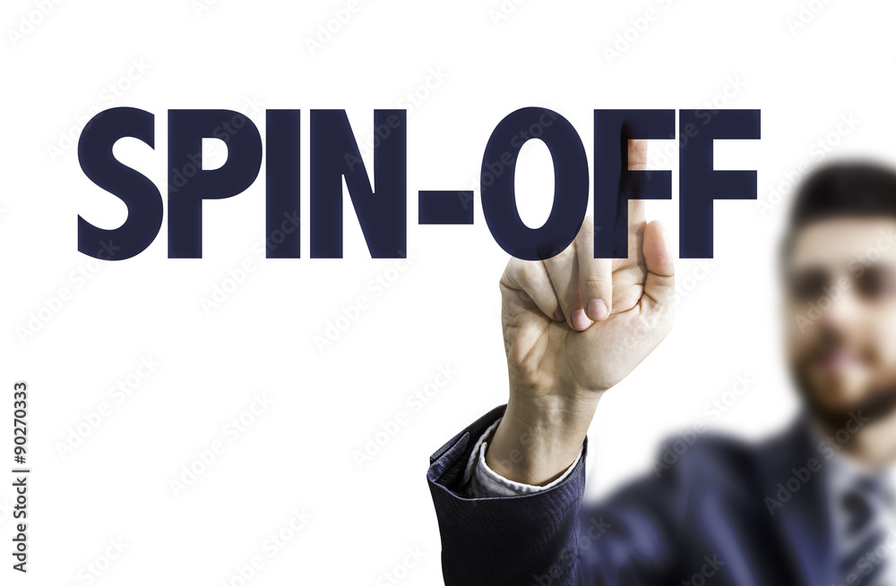 Business man pointing the text: Spin-Off Business man pointing the text: Spin-Off