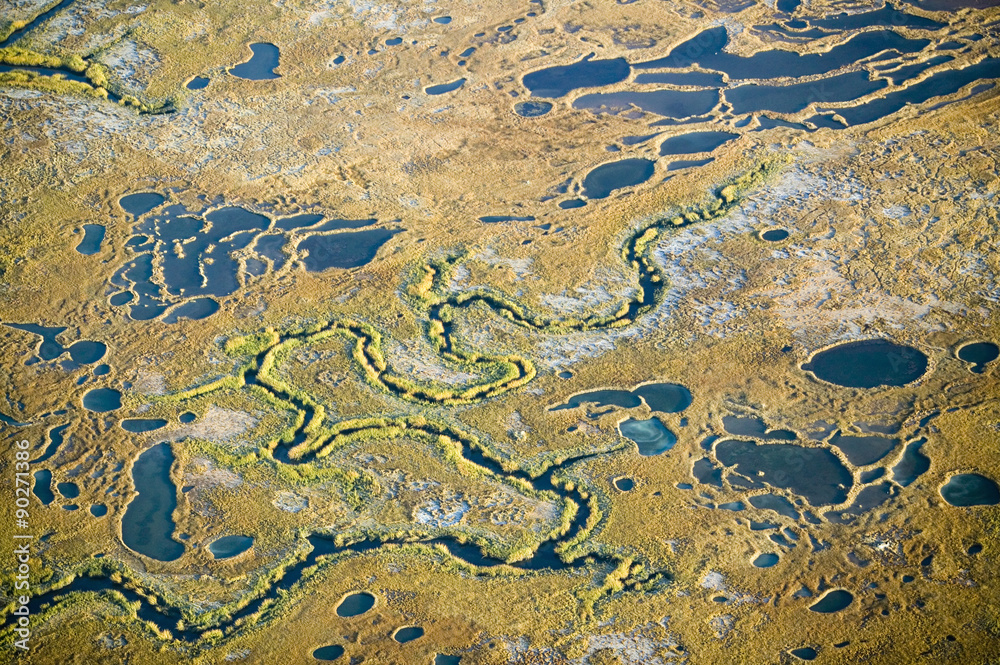Aerial view of marsh, wetland abstraction of salt and seawater, and Rachel Carson Wildlife Sanctuary in Wells, Maine