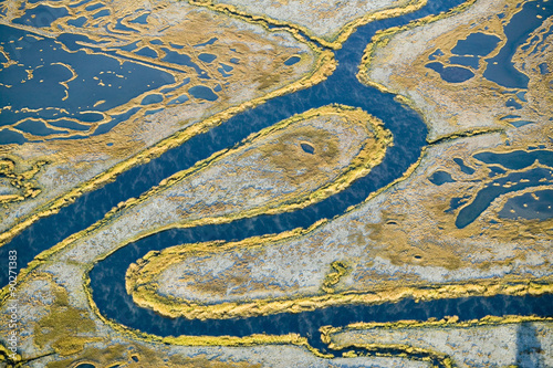 Aerial view of marsh, wetland abstraction of salt and seawater, and Rachel Carson Wildlife Sanctuary in Wells, Maine