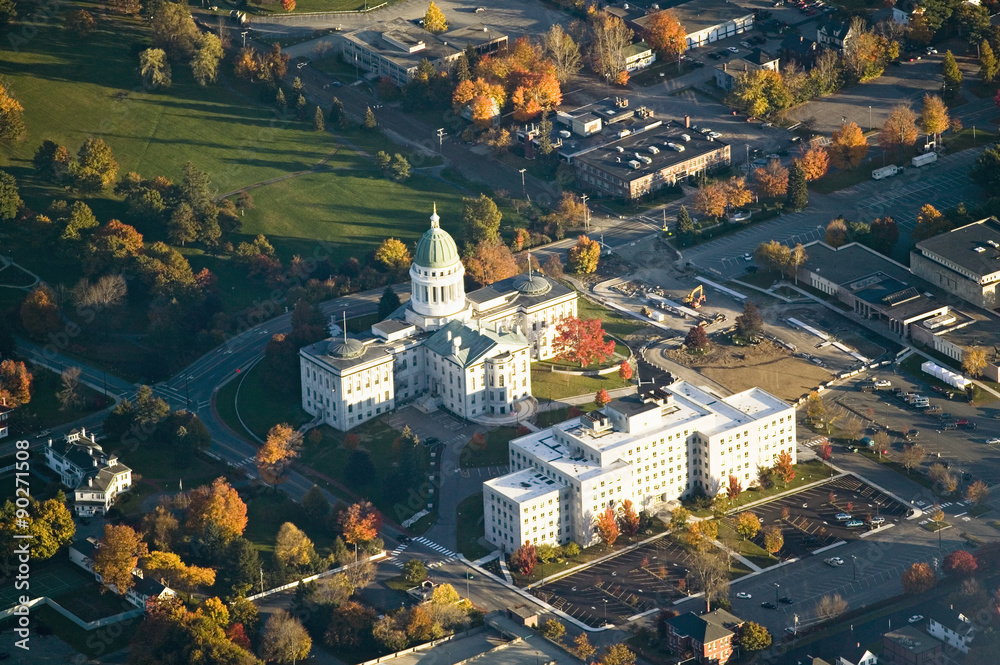 Aerial view of State Capital building and autumn color in Augusta, Maine