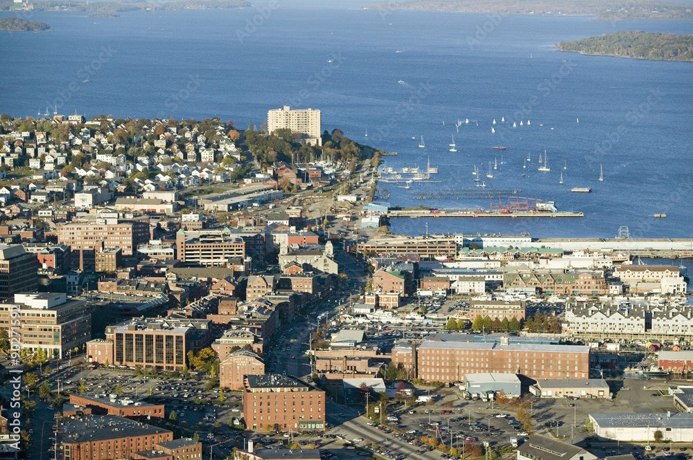Aerial of downtown Portland, Maine showing Maine Medical Center, Commercial street, Old Port and Back Bay.
