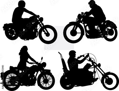 Male and female riding vintage motorcycle silhouettes 