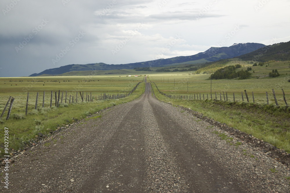 Dirt road into Centennial Valley, Montana with incoming storm, green fields and mountains
