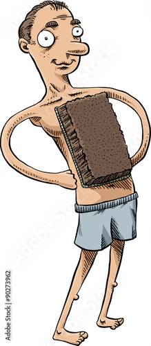 A cartoon man uses a brown swatch of shag carpeting in place of his missing chest hair.