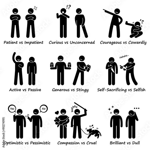 Human Personalities Opposite Values Positive vs Negative Stick Figure Pictogram Icons