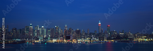 Panoramic view of Empire State Building and Manhattan  NY skyline with Hudson River and harbor  shot from Weehawken  NJ