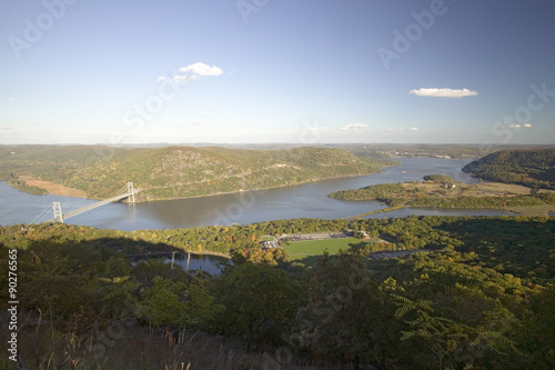 Autumn view overlook at 1300 feet of Bear Mountain Bridge and Hudson Valley and River at Bear Mountain State Park  New York