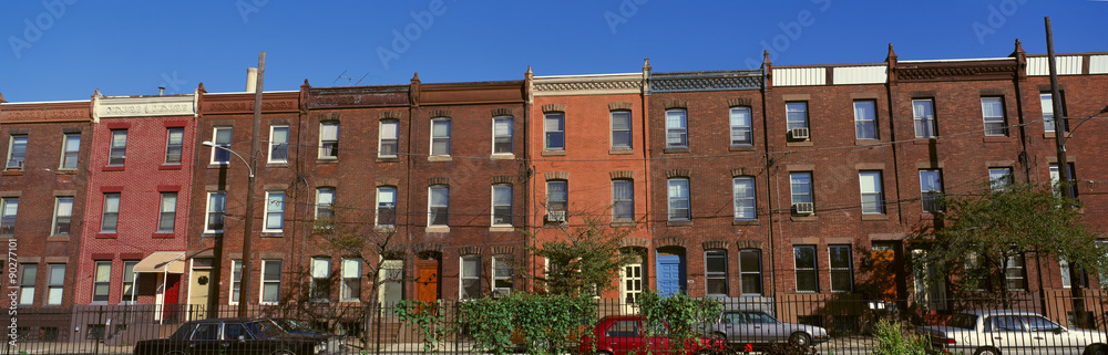 Panoramic morning view of red brick row houses of Philadelphia, PA