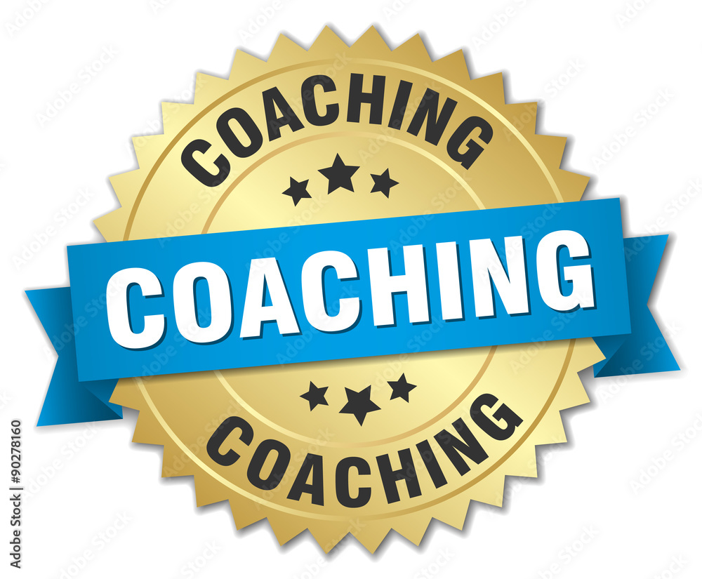 coaching 3d gold badge with blue ribbon