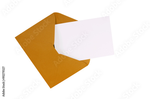 Brown manila envelope with blank white invite invitation thank you or greeting card isolated on white background photo