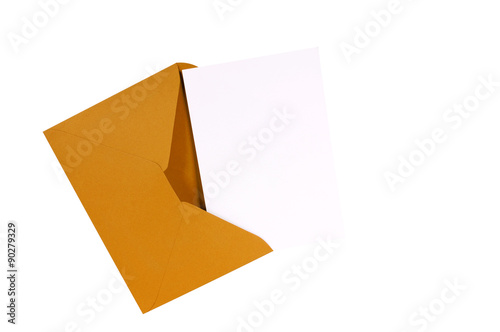 Brown manila envelope with blank white invite invitation thank you or greeting card isolated on white background photo