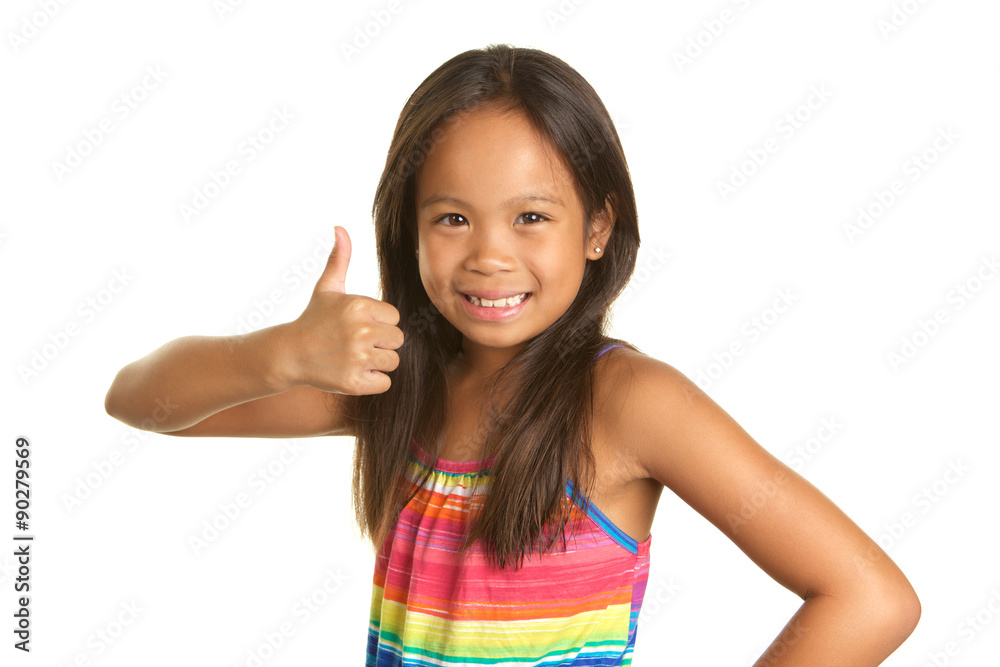 Cute Filipino Girl on White Background Smiling and giving the thumbs up Cute Filipino Girl on White Background Smiling and giving the thumbs up