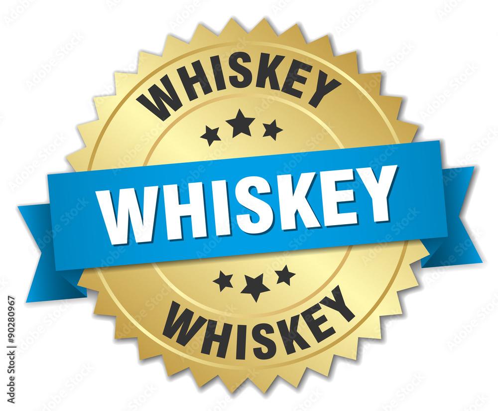 whiskey 3d gold badge with blue ribbon