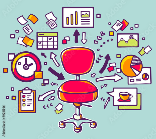 Vector illustration of red office chair with documents and finan