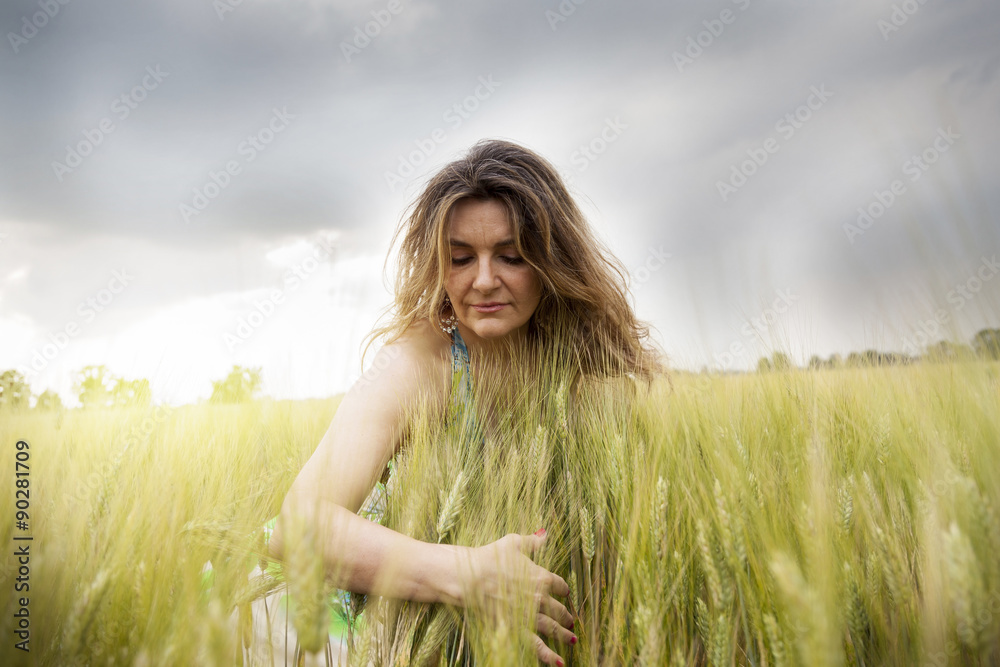 beautiful lady embracing ears of wheat outdoor beautiful lady embracing ears of wheat outdoor