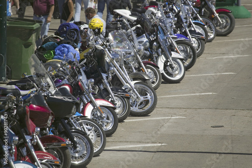 Elevated view of Main Street with motorcycles lining road at the 67th Annual Sturgis Motorcycle Rally, Sturgis, South Dakota, August 6-12, 2007
