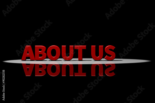 Text About Us im Scheinwerferlicht, rote Schrift, 3D Rendering m