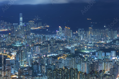 Aerial view of Hong Kong City at night © leeyiutung