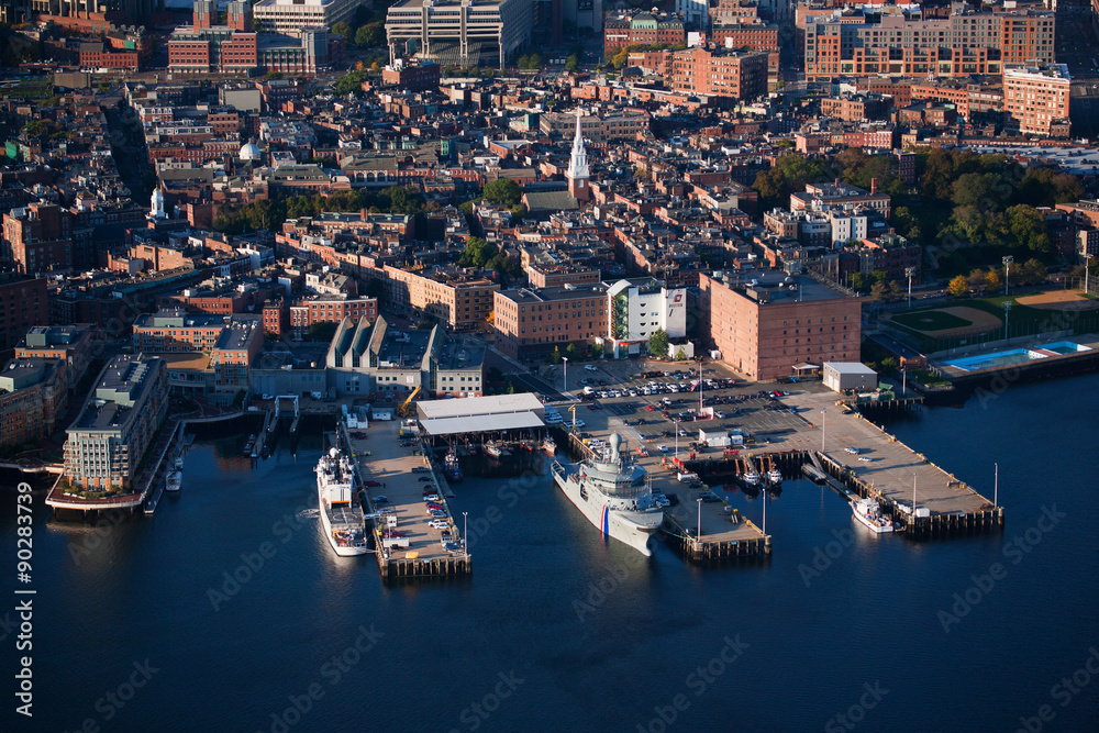 AERIAL morning view of Boston along Wharf area, Boston, MA.
