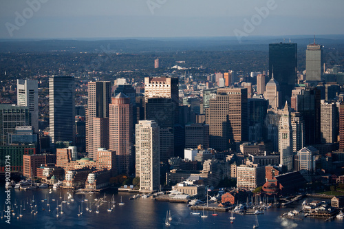 AERIAL morning view of Boston Skyline and Financial District and Wharf area  Boston  MA.