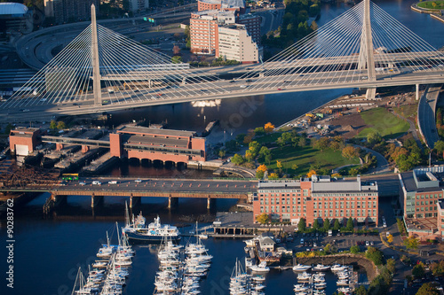 AERIAL of Boston Harbor area focusing on Leonard P. Zakim Bunker Hill Memorial Bridge, Boston, MA.
