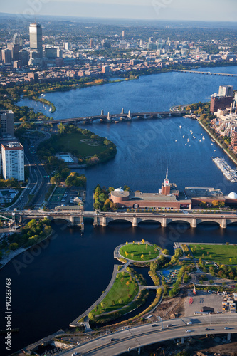 AERIAL VIEW of bridges crossing Charles River, looking east toward Cambridge from Boston, MA.