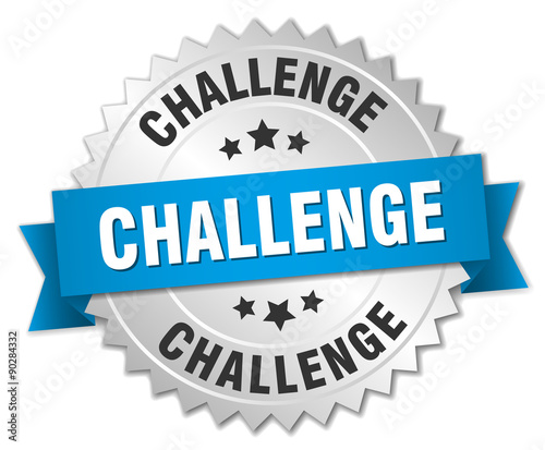 challenge 3d silver badge with blue ribbon